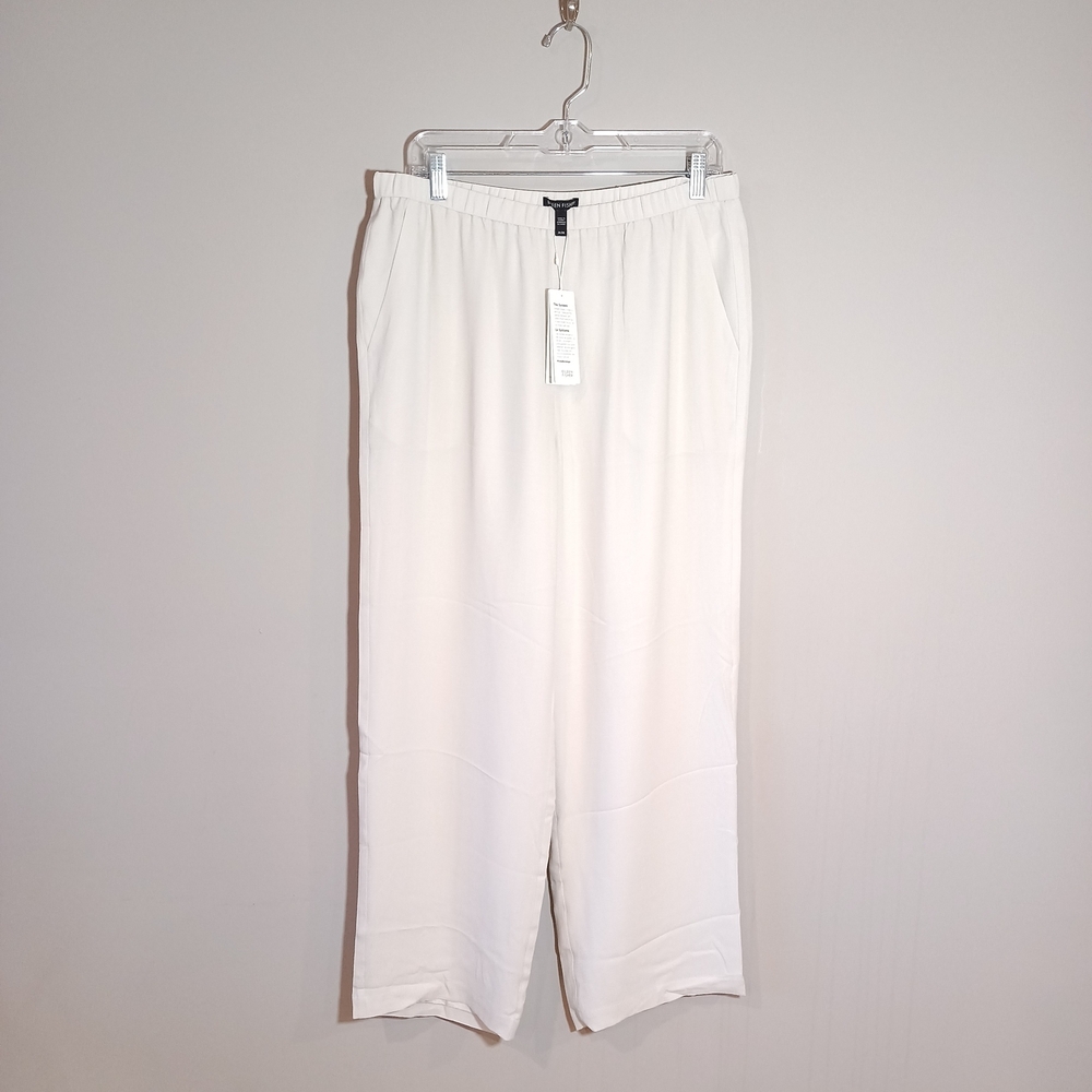 Eileen Fisher System Georgette Silk Straight Ankle Pants Bone New Size M NWT
